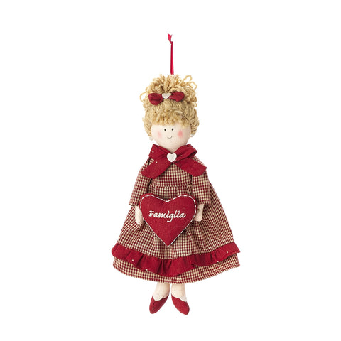 NUVOLE DI STOFFA Bambola con dedica decoro da appendere tessuto rosso H30 cm