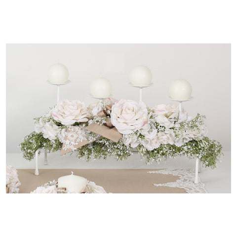 FIORI DI LENA Candeliere 4 fiamme con 4 rose ortensie e fiocco in lino beige L 55 cm