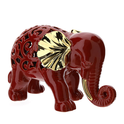 HERVIT Decorazione statuina elefante porcellana rosso e oro traforata 35x22 cm