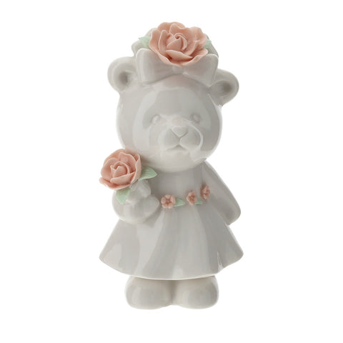 HERVIT Statuina orsetto con rose idea bomboniera porcellana bianco e rosa H11 cm