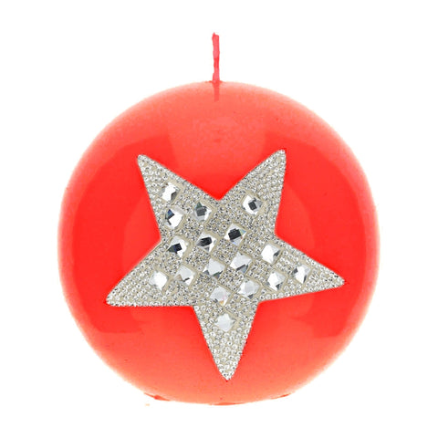 HERVIT Candela sfera con stella cristalli paraffina rosso laccato Ø10 cm