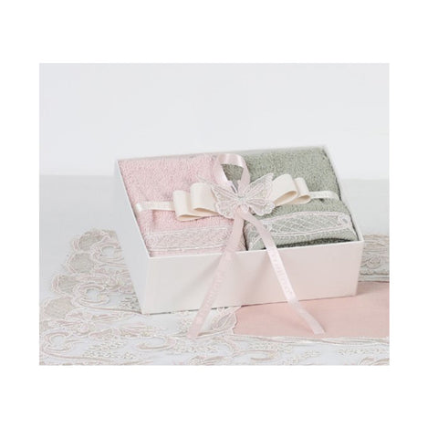 FIORI DI LENA Set 2 lavette asciugamano piccola ospiti con trinetta oro, farfalla in pizzo e scatola made in italy L 30x30 cm