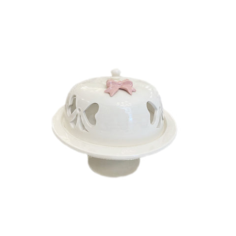 AD REM COLLECTION Alzatina porta torta porcellana bianca fiocco rosa Ø20 h13 cm
