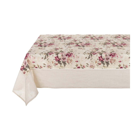 BLANC MARICLO' Tovaglia 12 posti con fiori rosa e fascia lino beige 190x290 cm