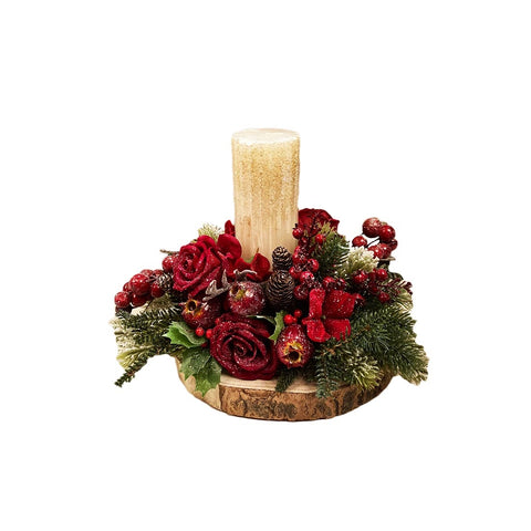 MATA CREAZIONI Centrotavola girocandela natalizio con rose e bacche 22x26x26 cm