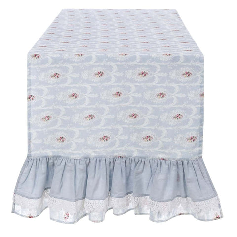 BLANC MARICLO' Runner da tavolo shabby in cotone celeste e fiori 50x150 cm