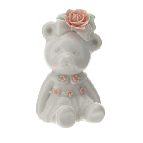 HERVIT Statuina orsetto con rose idea bomboniera porcellana bianco e rosa H9 cm