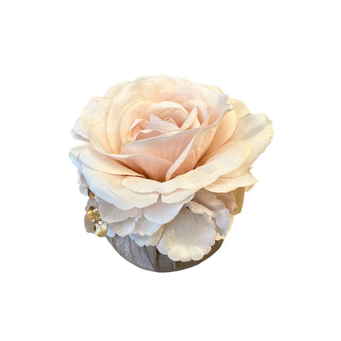 FIORI DI LENA Pouf in seta rosa antico con rosa ortensia piume e eucalipto oro ELEGANCE made in italy Ø 11 cm