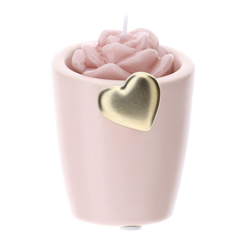 HERVIT Portacandela rosa con rosa e cuore oro Grés idea bomboniera H8 cm