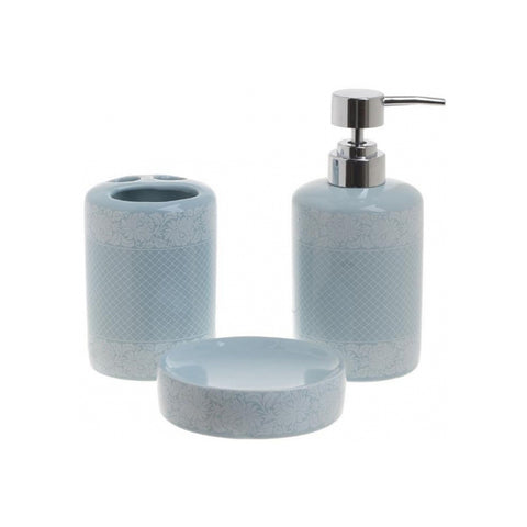 INART Set 3 pezzi accessori da bagno in ceramica bianco e azzurro