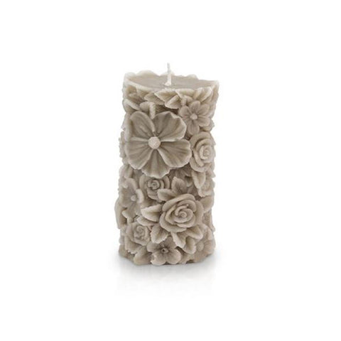 CERERIA PARMA Moccolo fiorito piccolo candela decorativa cera tortora Ø6,5 H10cm