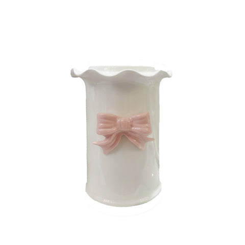 AD REM COLLECTION Porta bicchieri con fiocco rosa porcellana capodimonte H14 cm