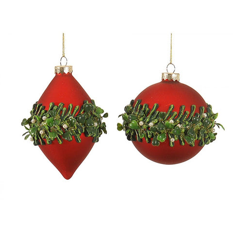 VETUR Decorazione natalizia pallina vetro rosso con foglie verdi 2 varianti 12cm