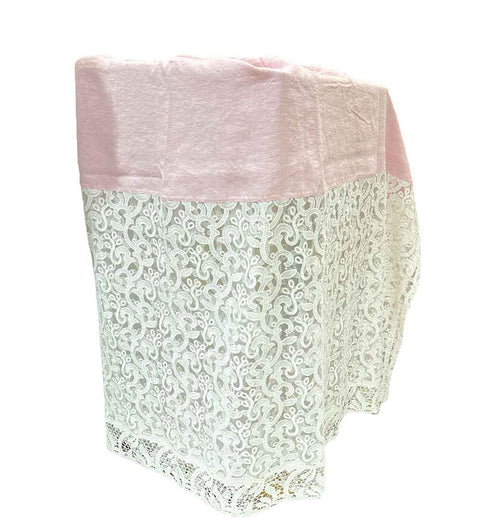 CHARME Copritavolo rosa con pizzo bianco in lino made in italy 185x250 cm