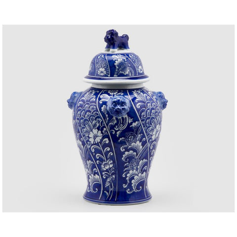 EDG Enzo De Gasperi Vaso da interno blu con fiori, Potiche in ceramica con coperchio "Ching" vintage, classico h46xD28 cm