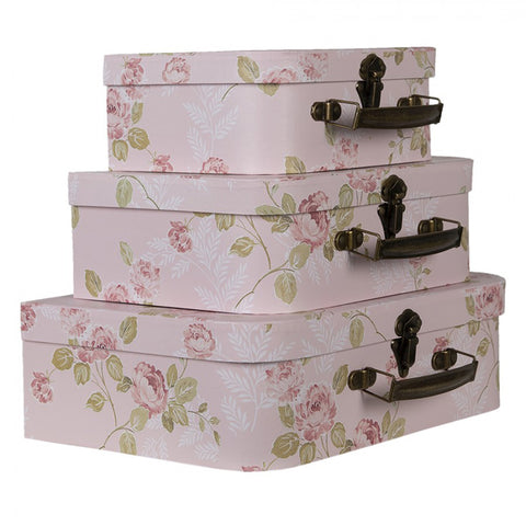 Clayre & Eef Set 3 bauli rettangolari in cartone rosa con fiori