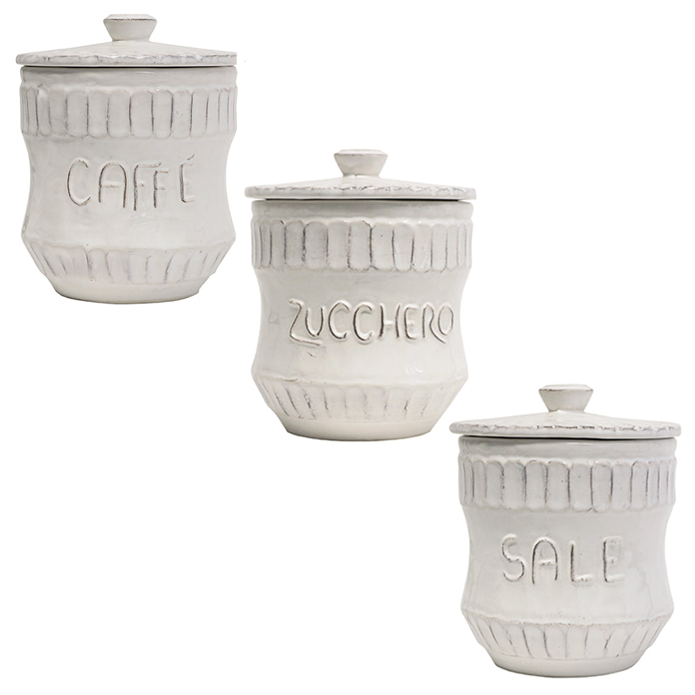 Set 3 Tris Barattoli da Cucina Sale Zucchero Caffe' Decoro Ecru