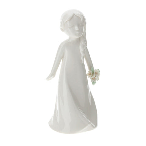 HERVIT Statuetta bimba con treccia e fiori decoro porcellana bianca H17 cm