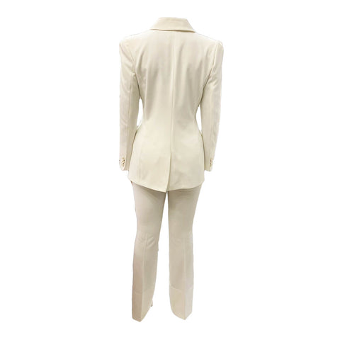 NIKAMO Tailleur donna bianco giacca avvitata doppio petto e pantalone a zampa