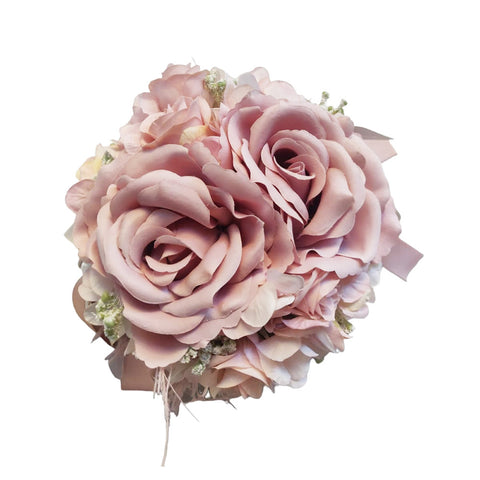 FIORI DI LENA Puffo Pouf in velluto avorio con due rose, ortensie e piume Ø18 H14 cm