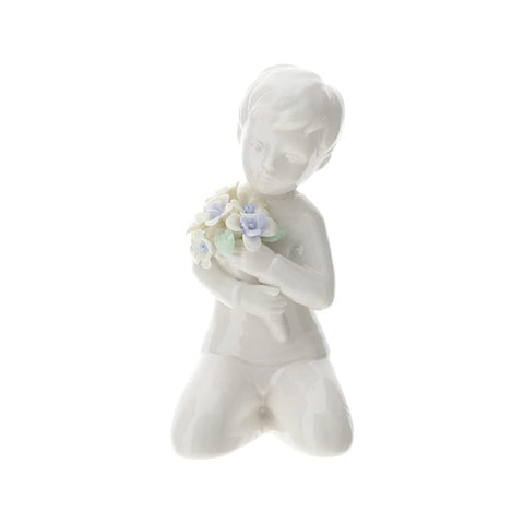 HERVIT Statuetta bimbo inginocchiato con fiori decoro porcellana bianca H13 cm
