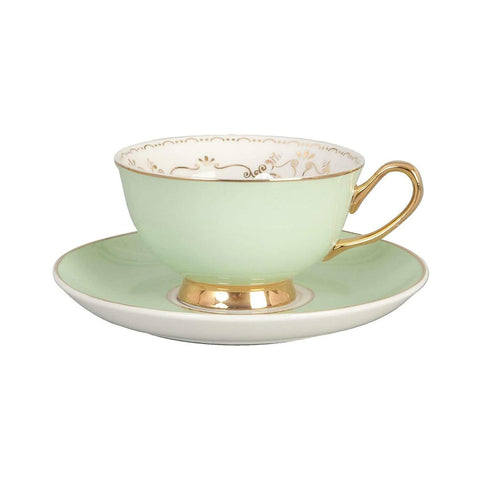 CLAYRE E EEF Set 2 tazze tè con piattino porcellana verde e oro 12,5x9,8x6 cm
