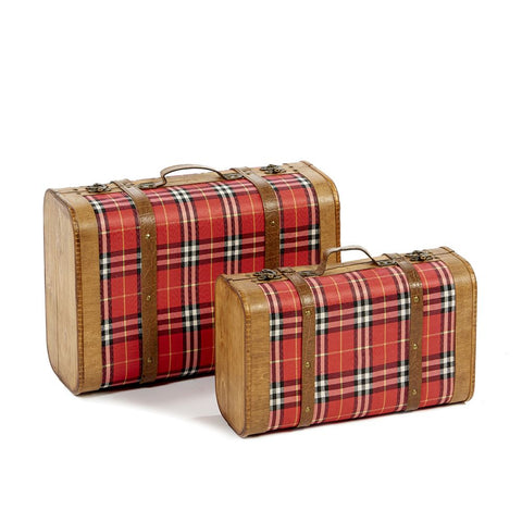 K10100 GOODWILL Set 2 valigie coppia bauli contenitori retrò in legno scozzese h45 cm