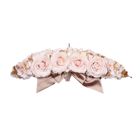 FIORI DI LENA Fuoriporta in seta rosa antico con fiocco 4 rose ortensie piume e eucalipto oro 100% made in italy L 65 cm
