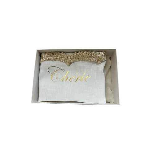 FIORI DI LENA Tovaglietta in lino bianca con trinetta oro e scritta francese con scatola made in italy H 47x31 cm