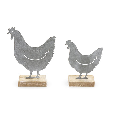 NUVOLE DI STOFFA Set due galline in metallo decoro cucina effetto anticato con base in legno, Shabby Chic Bello Epoque