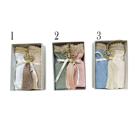 FIORI DI LENA Set 2 lavette asciugamano piccola ospiti con trinetta oro, nappa color panna e corona di strass 3 varianti L 30x30 cm