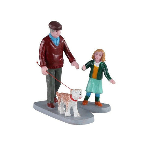 LEMAX Set di 2 Nonno nipote e cane "Afternoon Stroll" per il tuo villaggio di natale