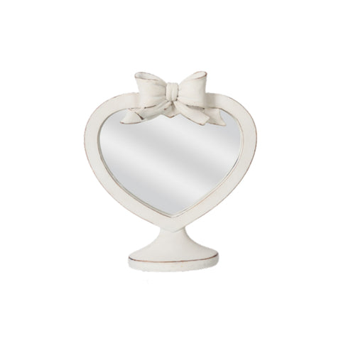 COCCOLE DI CASA Specchio a forma di cuore con fiocco in poliresina colore crema effetto anticato vintage, BOW Shabby Chic 17x3x20 cm