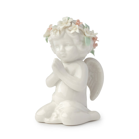 HERVIT Decoro Bomboniera Angelo in porcellana con coroncina di fiori bianco 10cm
