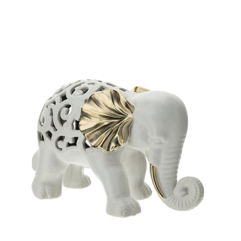 HERVIT Decorazione statuina elefante porcellana bianca e oro traforata 21x13 cm
