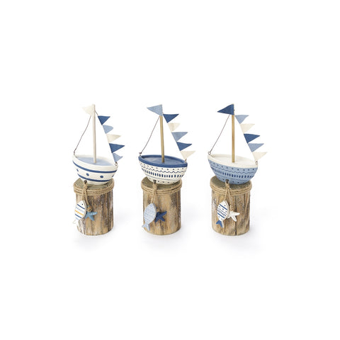 NUVOLE DI STOFFA Barca su piedistallo NAUTILUS legno 3 varianti colore H16 cm