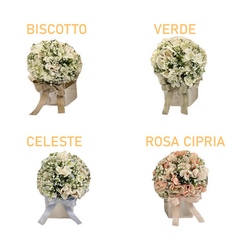 FIORI DI LENA Vasetto con sfera nebbiolina boccioli ortensie e fiocco 4 varianti 100% made in italy 8x18 cm