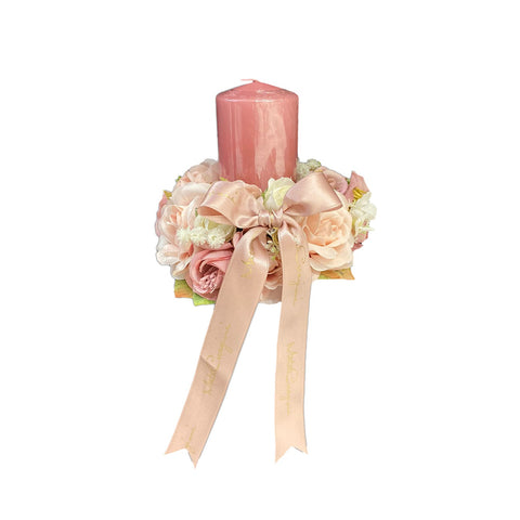 MATA CREAZIONI Centrotavola giro candela con nastri e rose rosa Ø16xh12 cm