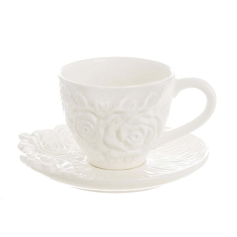 BLANC MARICLO' Set 2 tazze con piattino con roselline a rilievo ceramica bianca