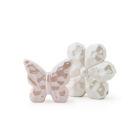 HERVIT Set fiore bianco + farfalla rosa in porcellana bugnata 12/8.5 cm 27523