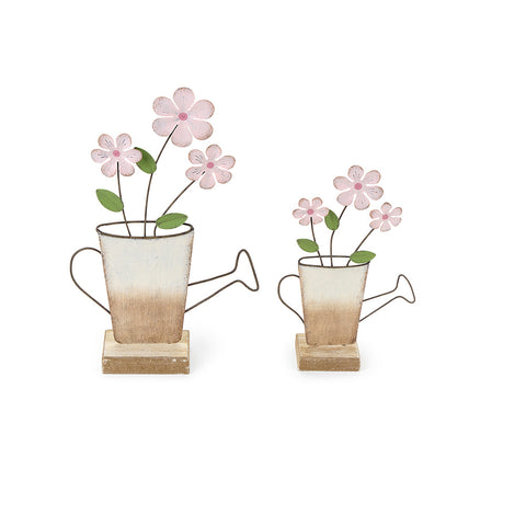 NUVOLE DI STOFFA Set due vasi annaffiatoi con fiori rosa, effetto invecchiato, in metallo shabby chic Annette