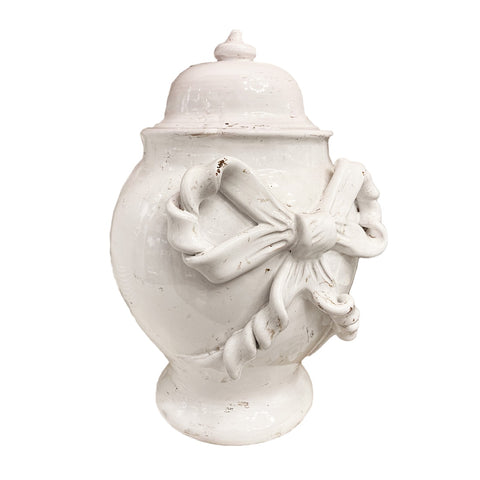 LEONA Potiche con coperchio Shabby Chic ceramica bianco con fiocchi H33 cm