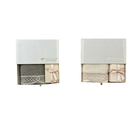 FIORI DI LENA Set lavetta asciugamano piccola ospiti con trinetta oro e saponetta 100 gr made in italy 2 varianti L 30x30 cm