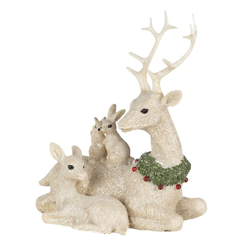 Clayre & Eef Statua decorativa natalizia cervo e scoiattoli bianco 16x9x18 cm