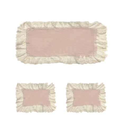 OFFICINA TESSILE Tris centri con bordo in pizzo e cotone rosa e bianco 100x40 cm