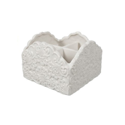 COCCOLE DI CASA Porta posate cucina in ceramica bianca con ghirigori Shabby Chic "DAPHNE" 16X16X11 cm