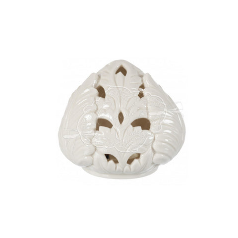 COCCOLE DI CASA Pigna traforata+ led decorazione foglia ceramica bianco 7x10 cm