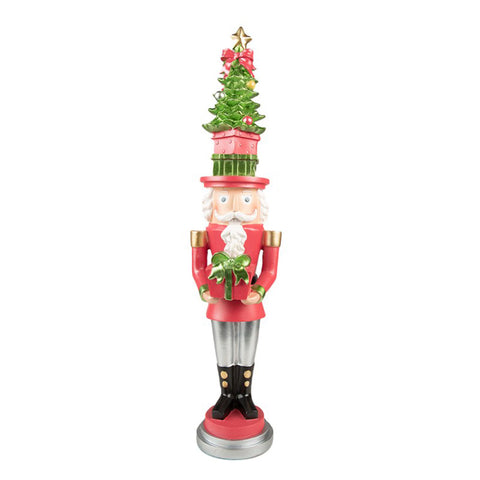 Clayre & Eef Decorazione natalizia schiaccianoci rosso con albero in poliresina 12x11x51 cm