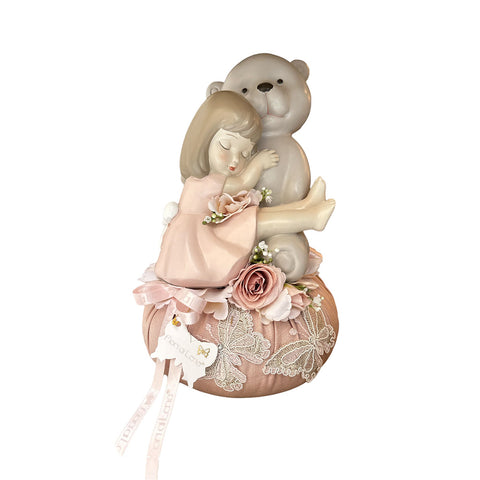 FIORI DI LENA Bambola con orso su puffo in velluto con applicazioni farfalla in pizzo rosa idea bomboniera H 29 cm