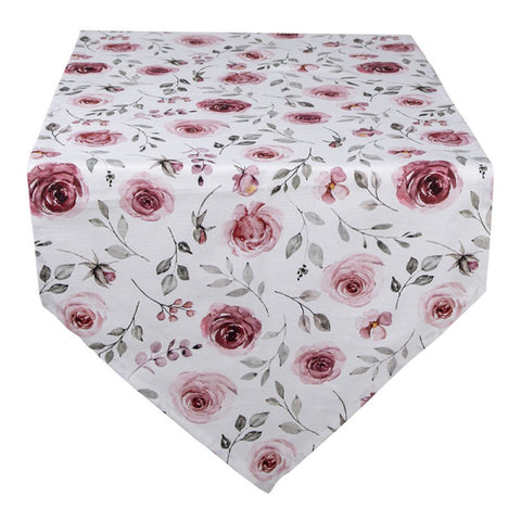CLAYRE E EEF Runner da tavolo primaverile cotone bianco e rosa a fiori 160x50 cm